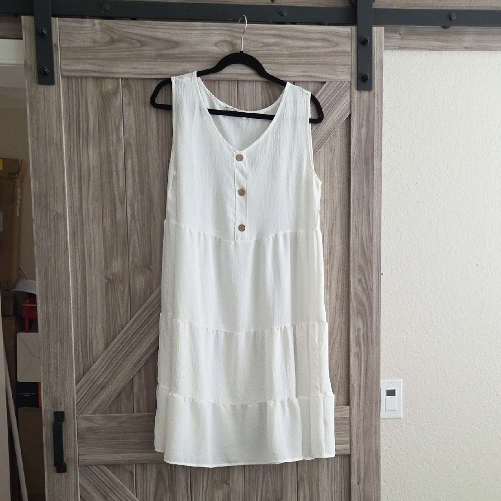 White Tiered V-Neck Button Front Summer Dress